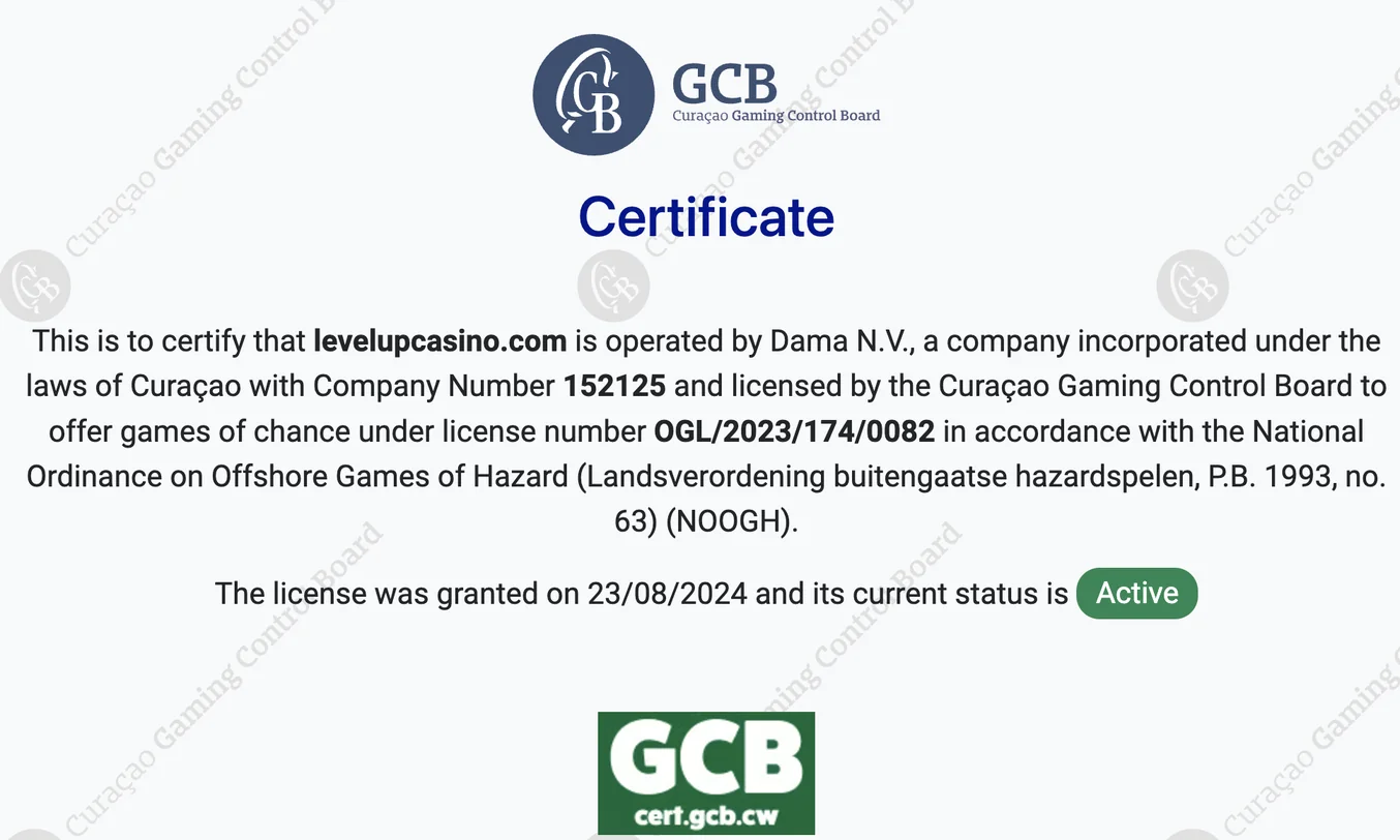 Licence of LevelupCasino